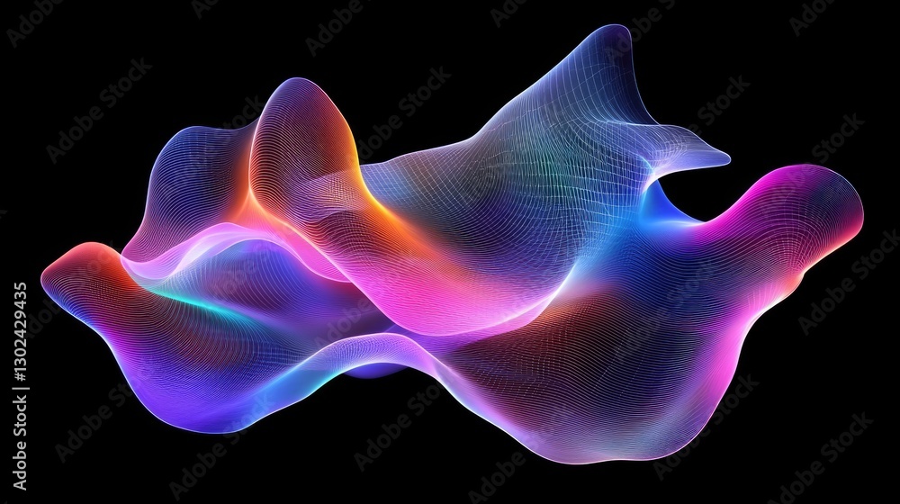 Poster a d abstract shape with fluid curves, glowing in neon colors, creating motion with space around for 