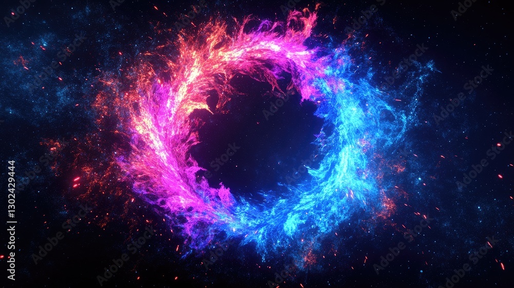 Poster a d abstract shape with fluid curves, glowing in neon colors, creating motion with space around for 