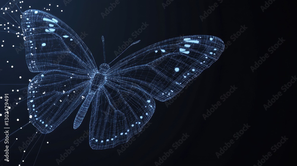 Poster a d animated wireframe model of a butterfly, glowing and floating in space, leaving room for text or