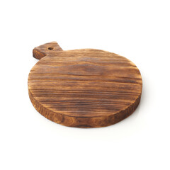 Round Wooden Cutting Board With Handle Designed for Kitchen Use on a White Background