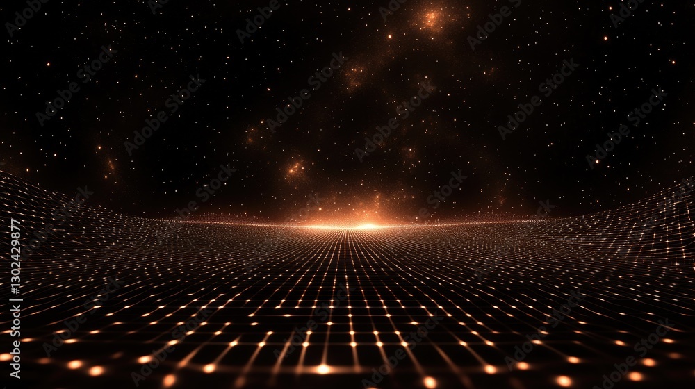 Poster a d glowing grid pattern shifting and expanding in space, with dark surrounding areas for copy space