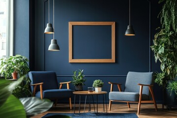 Modern living room with blue armchairs, plants, and a large frame.