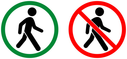 Man walk and don't walk icon set collection on white background. No pedestrian sign vector. Pedestrian movement sign design. Vector of walking human figure. Vector illustration © GraphicSpark