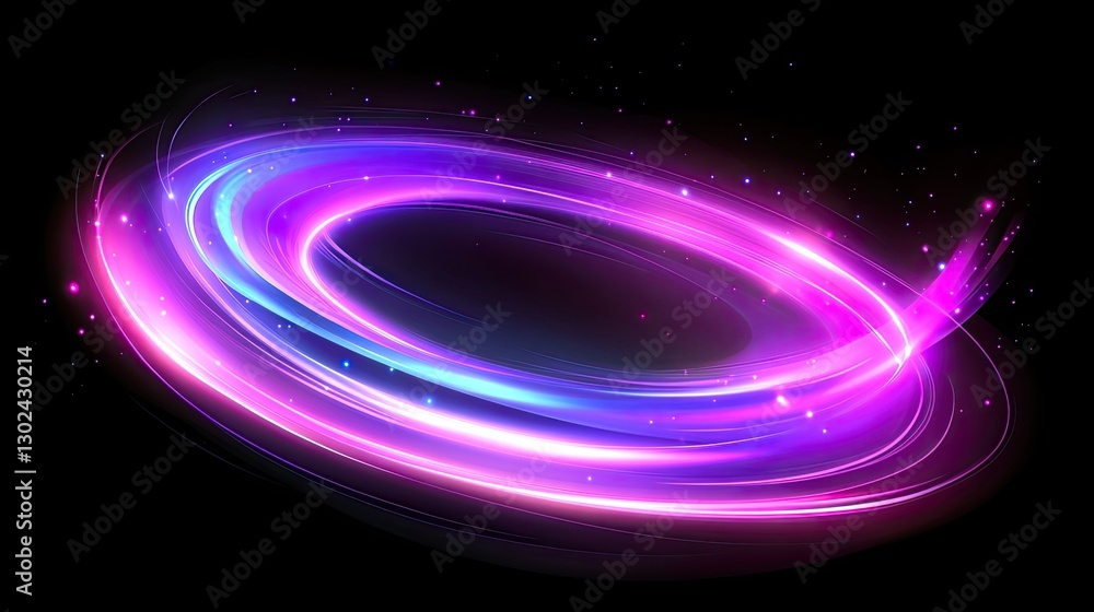 Poster a d rotating abstract form glowing in bright colors, creating light trails with empty space around i