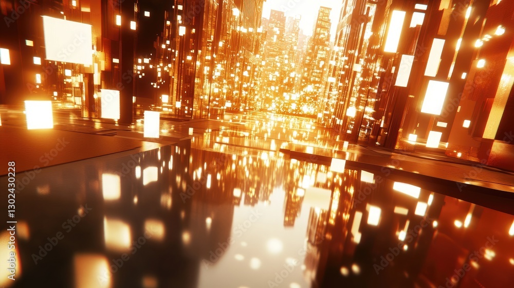 Poster a d reflective surface shifting and morphing, glowing with digital patterns, surrounded by plenty of