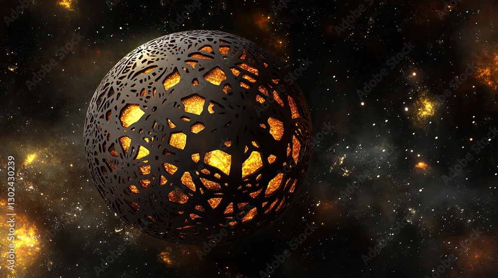Poster a d rotating sphere with glowing patterns, floating in space with plenty of room for copy or design 