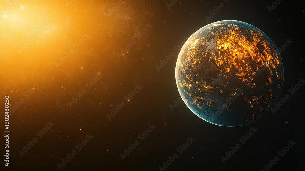 Poster a d rotating planet-like object, glowing with a soft light trail, surrounded by dark space for creat