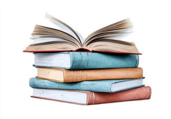 Colorful Stack of Open and Closed Books on a White Background