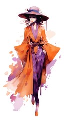 Fashion Character in Happy Orange and Purple Classic Japanese Scene