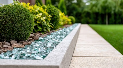 Construction Glass Aggregates Concept, Elegant Concrete Driveway Border with Crushed Glass and Lush Greenery in a Garden Setting