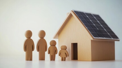 Wooden family figures stand in front of a model house with solar panels on the roof, this concept represents eco-friendly real estate, energy saving and sustainable living