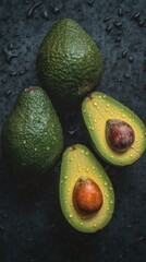 Fresh Avocados on Seamless Background with Water Droplets