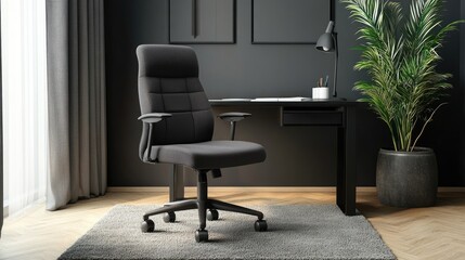A dark gray ergonomic office chair placed on a soft rug with an empty desk beside it.
