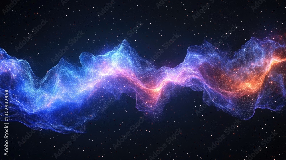 Poster a dynamic d glowing particle cloud floating through space, leaving empty space on the sides for crea