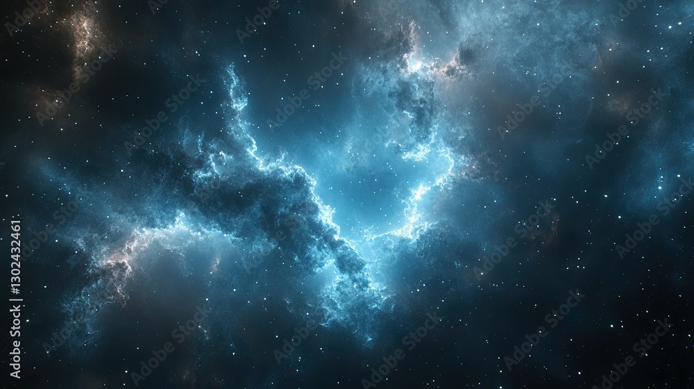 Poster a dynamic d glowing particle cloud floating through space, leaving empty space on the sides for crea