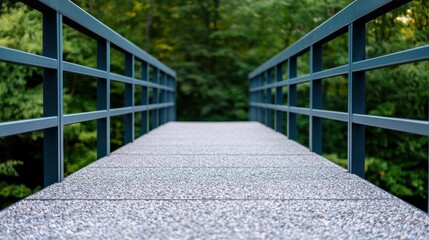 Construction Glass Aggregates Concept, Scenic Pedestrian Bridge with Railings and Walkways Surrounded by Lush Greenery and Natural Beauty