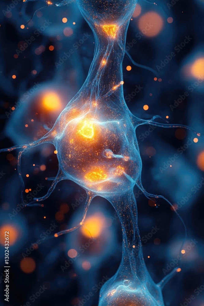 Poster close-up view of glowing neurons in a dark setting, showcasing neural activity and connections