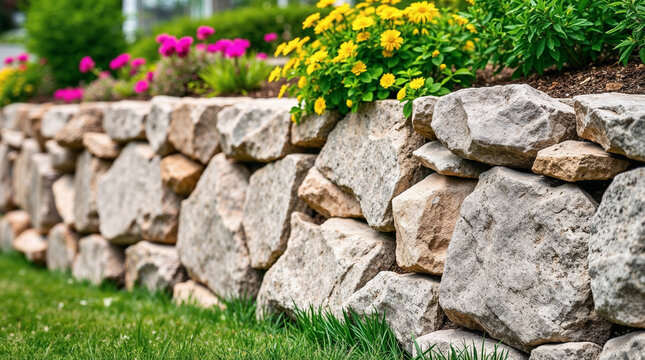 Boulder retaining wall in the garden made of stacked large grey boulders.