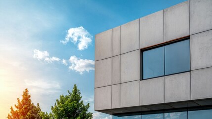 Fototapeta premium Construction Glass Aggregates Concept, Modern Sustainable Building Facade with Glass and Aggregate Design Under Clear Sky