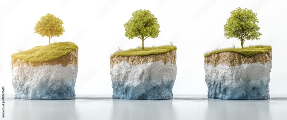 Aufkleber triad of trees on isolated floating islands with lush green grass and soft reflection over calm wate