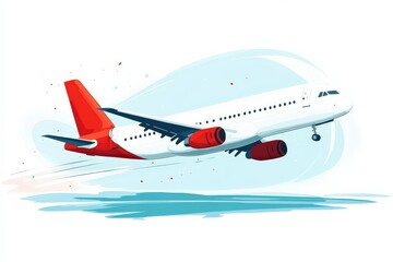 Colorful Airplane Taking Off Against a Bright Blue Sky with Abstract Motion Effects