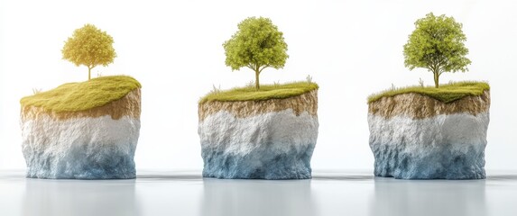 Triad of Trees on Isolated Floating Islands with Lush Green Grass and Soft Reflection over Calm Water Surface