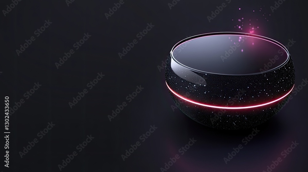 Poster a glowing d object rotating on its axis, emitting soft light effects, with a dark background and ple