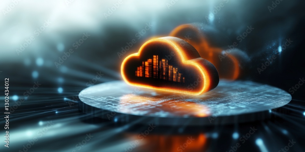 Poster futuristic digital cloud data visualization with graphs and glowing effects on a circular platform