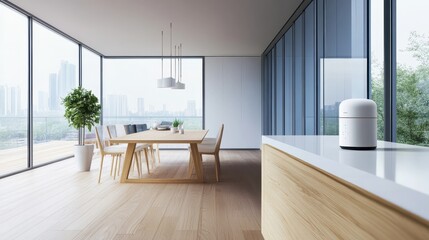 Fototapeta premium Minimal High-Tech Home Environment with Voice-Activated AI Adjusting Lighting and Temperature