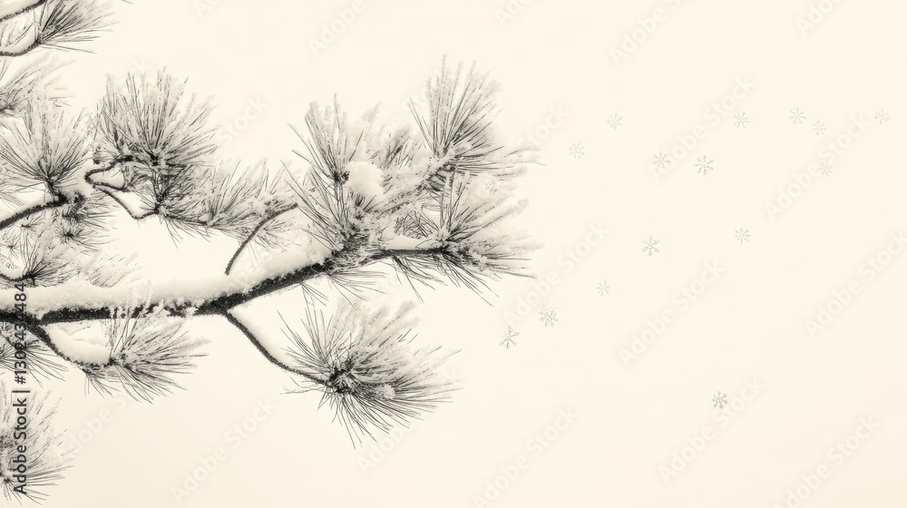 Poster A light dusting of snow on a pine tree branch, with falling snowflakes and plenty of empty space for a creative design.