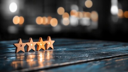 Wooden star decorations with warm light against a blurred background in a cozy and serene setting