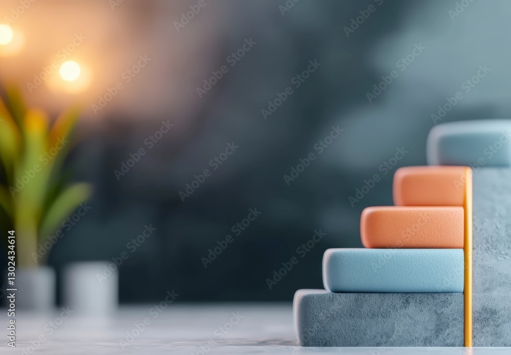 Poster abstract representation of growth and progress using colorful blocks on a marble surface with blurre