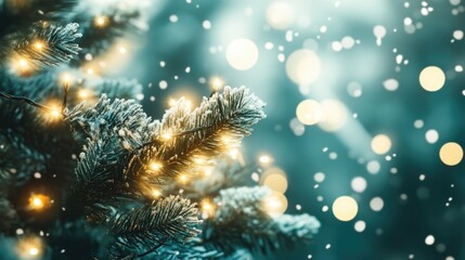 A magical holiday-inspired scene with string lights woven through pine branches, softly twinkling.