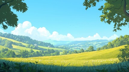 Obraz premium A serene and idyllic countryside scene with rolling hills and a clear blue sky evoking a sense of peace and contentment