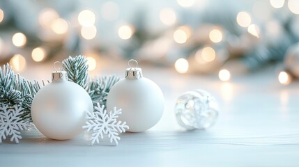 A minimalistic Christmas composition featuring white baubles, delicate snowflakes, and a soft winter glow on a light background.