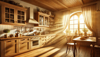 西陽が差す広いキッチン