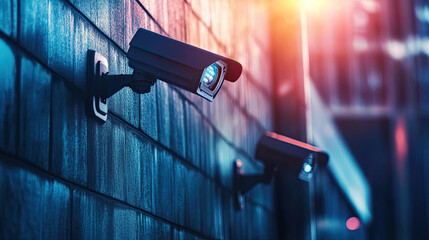 Surveillance Cameras Mounted on Wall with Ambient city Lighting