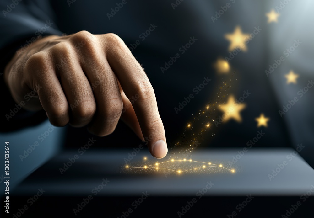 Aufkleber hand pointing towards floating stars in dark background with soft glows and magical feelings of wond