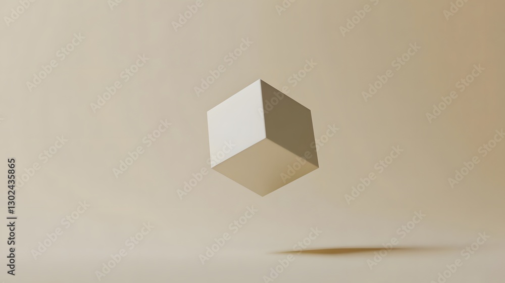 Poster floating white cube in minimalistic setting with soft shadows, showcasing modern design aesthetics
