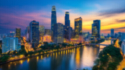 Naklejka premium Blurred cityscape with glowing lights and modern skyscrapers at dusk. AI Generated Images