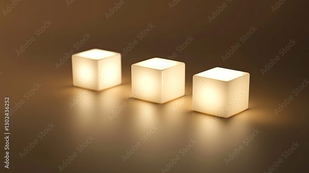 Poster a series of d cubes rotating along a central axis, with soft light reflections and plenty of space f