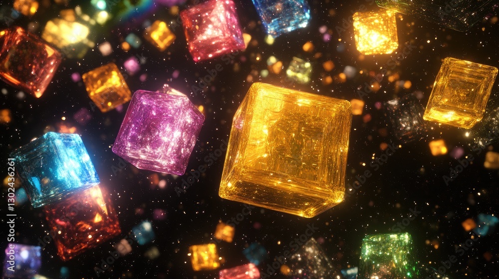 Poster a series of d animated cubes floating in space, reflecting light in various colors, leaving ample ro