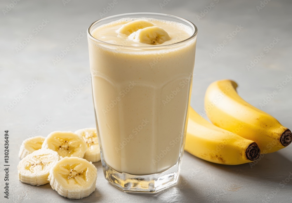 Poster refreshing banana smoothie with slices in a clear glass presented on a soft gray background with who