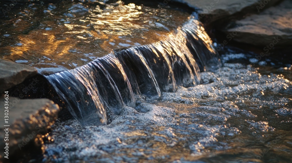 Poster a slow, gentle stream of water running across a textured surface, creating flowing ripples and light