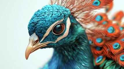 Obraz premium Close-up of a peacock's head and neck, showcasing vibrant blue and orange feathers.