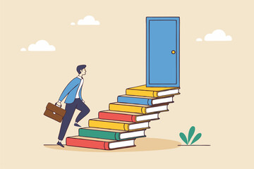 Education or learning for new opportunity, wisdom or knowledge to open door to success, solution, growth or career learning concept, businessman climb up book stack stair to reach opportunity door.