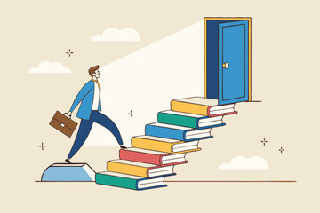 Education or learning for new opportunity, wisdom or knowledge to open door to success, solution, growth or career learning concept, businessman climb up book stack stair to reach opportunity door.