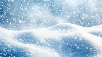 A snow-covered hill with gentle snowflakes falling and drifting down, creating a soft, still winter landscape.