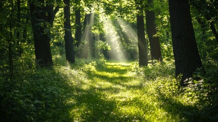 Obraz premium A serene walk in a lush green forest with sunlight streaming through the trees, perfect for reconnecting with nature and relaxation.