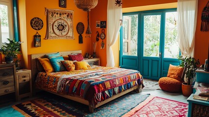 Cozy Bedroom Interior Design with Colorful Quilt and Ethnic Decor